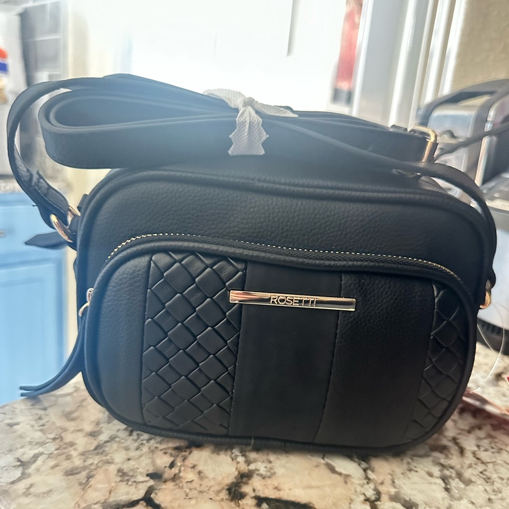 Rosetti Black Quilted & Smooth Crossbody Camera Bag with Gold Accent